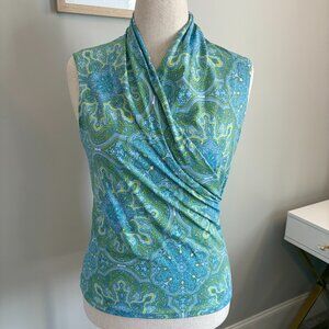 J.McLaughlin Blue & Green Print Sleeveless Wrap-Style Top – Size L